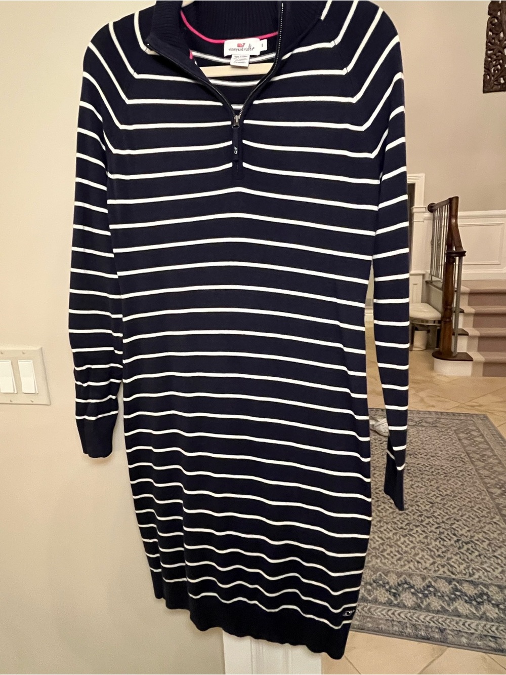 Vineyard Vines Sweater Dress Small Navy White Stripe Cashmere Blend Quarter Zip